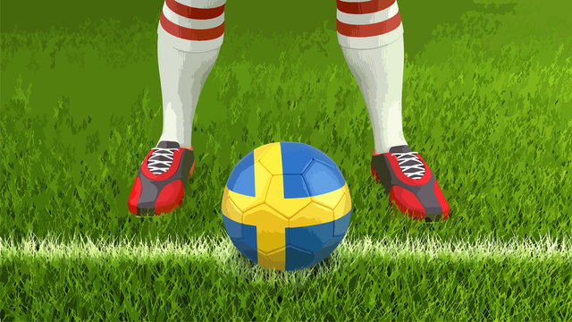 Man and soccer ball  with Swedish flag 
