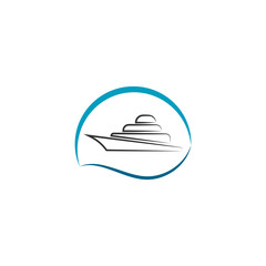 Fototapeta premium Yacht logo vector illustration with water wave on the background, travel agency concept