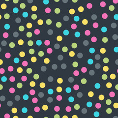 Colorful polka dots seamless pattern on black 10 background. Pretty classic colorful polka dots textile pattern. Seamless scattered confetti fall chaotic decor. Abstract vector illustration.