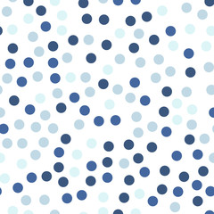 Colorful polka dots seamless pattern on white 23 background. Uncommon classic colorful polka dots textile pattern. Seamless scattered confetti fall chaotic decor. Abstract vector illustration.