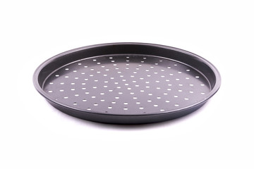 Black metal pizza pan isolated on white background.