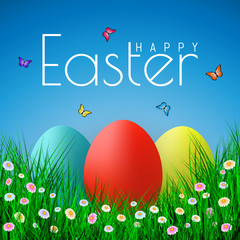 Vector Easter eggs with grass, butterfly and flowers isolated on a blue background. Element for celebratory design