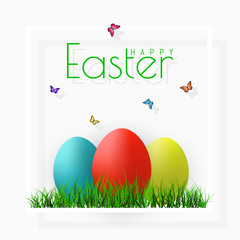 Happy Easter. Vector Easter eggs with grass, butterfly and flowers in frame, isolated on a gray background