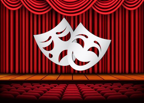 Happy and sad theater masks, Theatrical scene with red curtains. Stock vector illustration