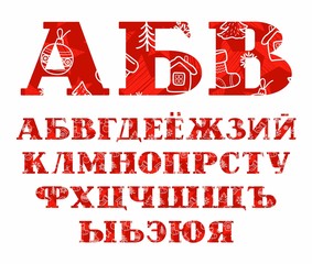 New year Russian font, winter, red, vector. Capital letters of the Russian alphabet. New year and winter fun. White line drawings on a red background. Color font with serif. Vector clip art.  