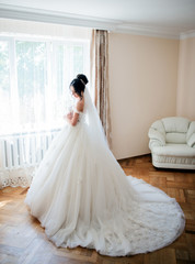 Fototapeta na wymiar Look from behind at beautiful bride in rich wedding dress