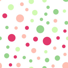 Colorful polka dots seamless pattern on white 20 background. Resplendent classic colorful polka dots textile pattern. Seamless scattered confetti fall chaotic decor. Abstract vector illustration.