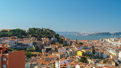 Fototapeta na wymiar Panoramic View Of Downtown Lisbon Skyline and Castle of Sao Jorge In Portugal