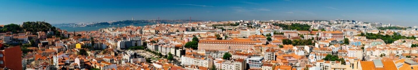 Fototapeta na wymiar Very Wide Panoramic View Of Downtown Lisbon Skyline Of The Old Historical City In Portugal