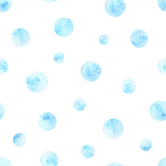 Hand painted watercolor blue circles seamless pattern on the white background. Textures for your design.