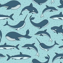 Vector seamless pattern with whale, shark, narwhal and dolphin on the polka dot blue background. Sea creatures and marine life. - 194258788