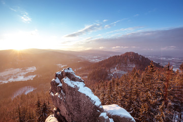 Frosty sunrise in Rudawy Janowickie mountains, Lower Silesia, Poland - obrazy, fototapety, plakaty