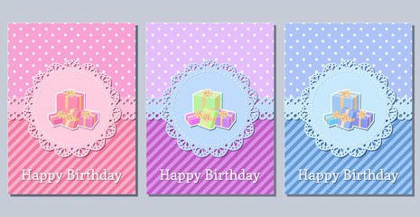 Birthday cards with gift boxes. Set of happy holiday templates. Vector illustration. Invitation decoration retro background. Greeting postcards.