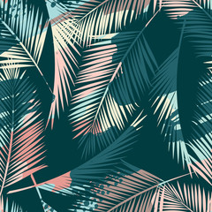 Seamless exotic pattern with tropical plants and artistic background.
