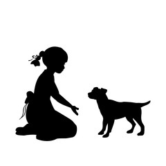 Silhouette girl sitting knees beckon dog