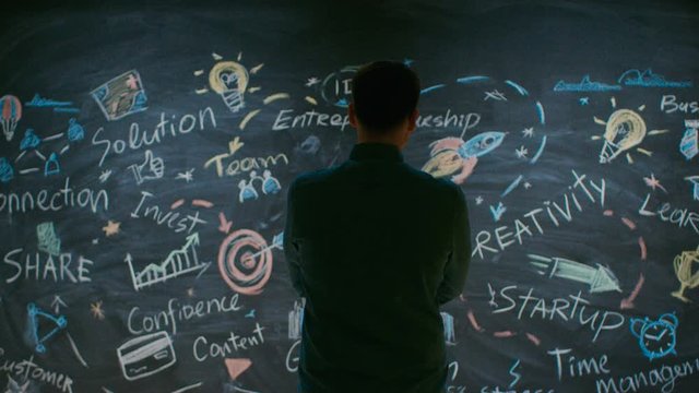 Entrepreneur Stands Before Blackboard Looks at the Words.
