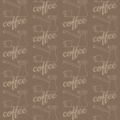 seamless pattern of cream contours of coffee cups and pots and the words 