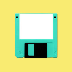Floppy disk 3.5 Inch nostalgia, isolated and presented in punchy pastel colors with blank white...
