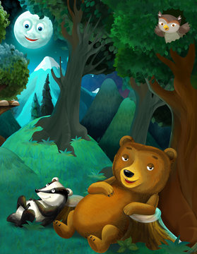 cartoon scene with wild animals bear owl and badger resting in the forest - illustration for children © honeyflavour