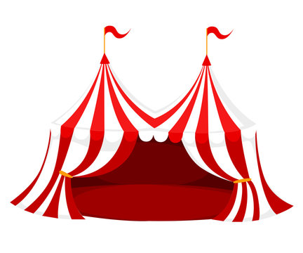 Red and white circus or carnival tent with flags and red floor vector illustration on white background web site page and mobile app design