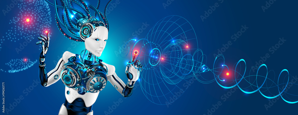 Fototapete Robot with artificial intelligence control global communications. Robot use virtual hud interface. Technology satellite communication network and internet. Vector abstract future industrial background