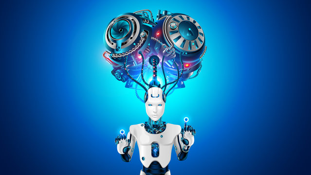 Robot with big artificial brain thinking on task. Super computer handle data and business analytics. Artificial intelligence machine learning. Robot head connection with super brain. future ai.