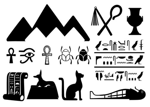 Black silhouettes ancient Egyptian symbols and decoration Egypt flat icons vector illustration isolated on white background web site page and mobile app design