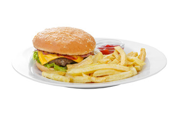 Burger with French fries and ketchup, barbecue sauce. Side view. Serving, serving for a cafe, a restaurant in the menu. Isolated, white background on plate