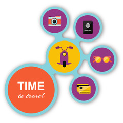 Time to travel card with scooter, passport, camera, credit card, sunglasses