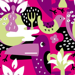 Modern vector pattern with birds and plants.