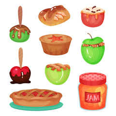 Cartoon collection of various apple desserts. Transparent glass jar with delicious jam. Home made sweets. Colorful food icons. Flat vector illustration