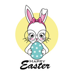 Happy easter card. hipster bunny with glasses  with easter egg