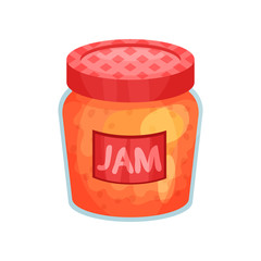 Transparent glass jar with apple jam. Bank with red lid and label. Delicious fruit marmalade. Concept of organic farm product. Cartoon flat vector icon