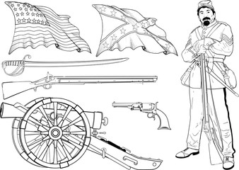 Set of images of the Civil War in the United States arms, flags and a soldier with a rifle
