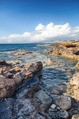 a fantastic stunning colorful landscape, a blue sea shore, the coast of Cyprus, the neighborhood of Paphos