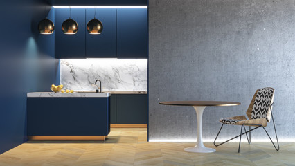 Kitchen blue minimalistic interior. 3d render illustration mock up.