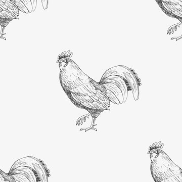 Seamless pattern with roosters. Hand drawn