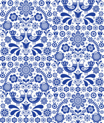 Scandinavian seamless folk art vector pattern, floral repetitive background with birds and flowers, navy blue ornament