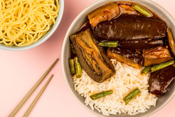 Chinese Style Roast Aubergine With Boiled Rice And Green Beans