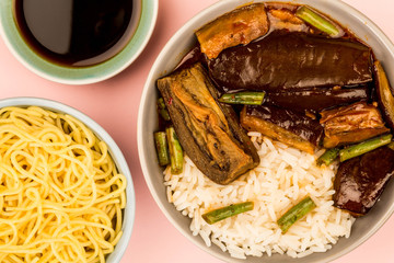Chinese Style Roast Aubergine With Boiled Rice And Green Beans
