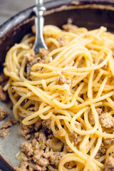 Fresh pasta with meat and cheese. Selective focus.