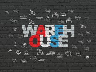 Industry concept: Painted multicolor text Warehouse on Black Brick wall background with  Hand Drawn Industry Icons