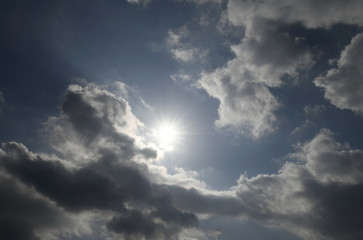 太陽と青空と雲「雲の風景」照りつける、オゾン層、地球温暖化、環境問題などのイメージ