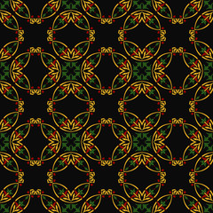 Vector damask seamless pattern background curve round cross gold frame red flower