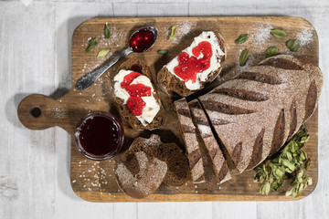 Sandwiches with bread, butter and jam