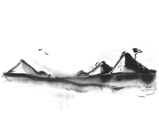 Mountains in Japanese painting style. Traditional Beautiful watercolor hand drawn illustration