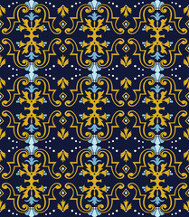 Vector damask seamless pattern background spiral curve cross gold frame blue flower