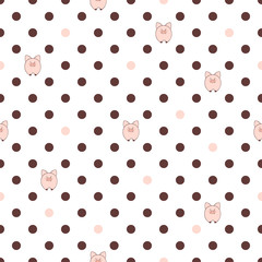 Polka dot pattern with cute cartoon pigs. Vector seamless background for kids.