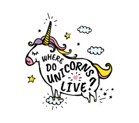 Where do unicorns live. Vector cartoon sketch illustration