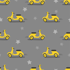 Seamless yellow cartoon scooters pattern. Vector road illustration for kids design.